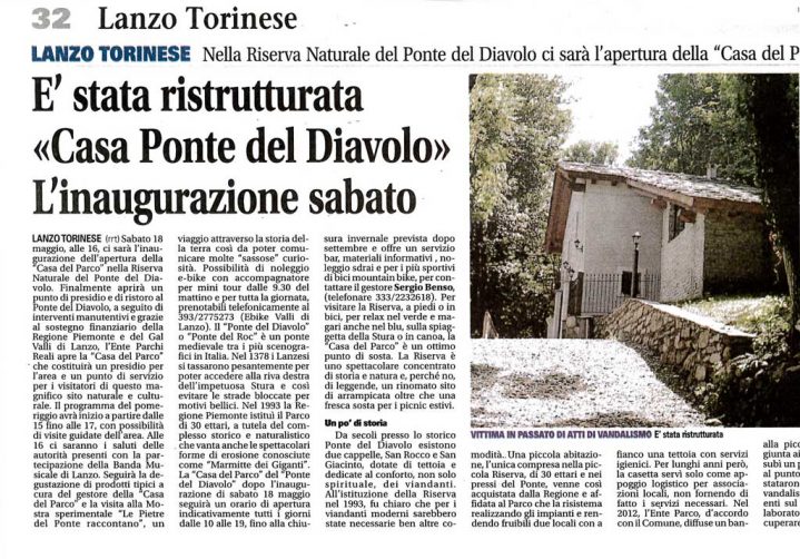 Articolo pubblicato sul settimanale "il Canavese" inerente alla ristrutturazione della Casa del Parco del Ponte del Diavolo